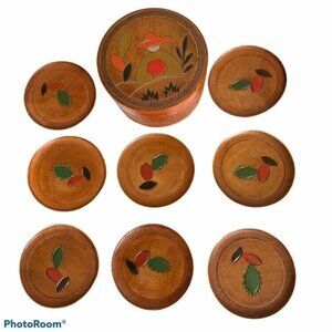 Vintage Japanese Hand Carved Wooden Tiki Coaster Set